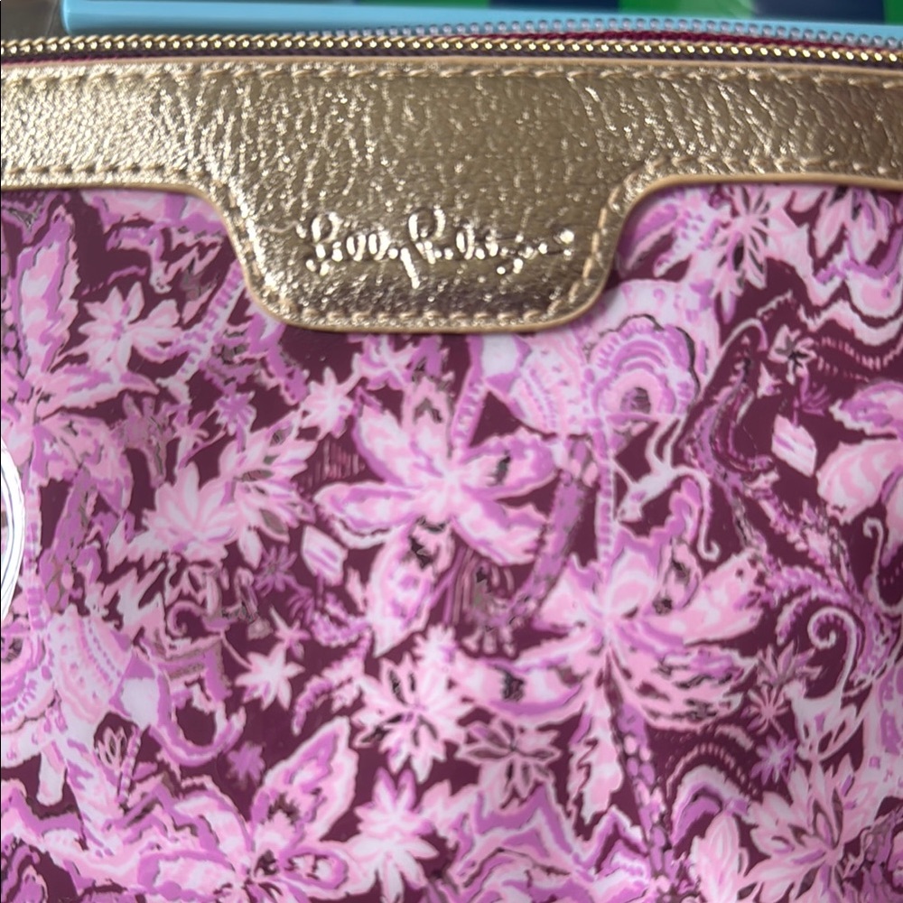 Lilly Pulitzer Pink Translucent Pouch with Gold Trim Purse Bag Clutch